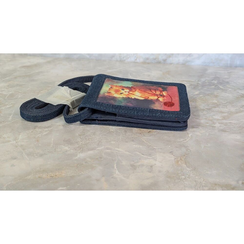 Denim wallet mini purse - Kitten and Shimmery Red 'Yarn' with removable strap - Picture 2 of 7